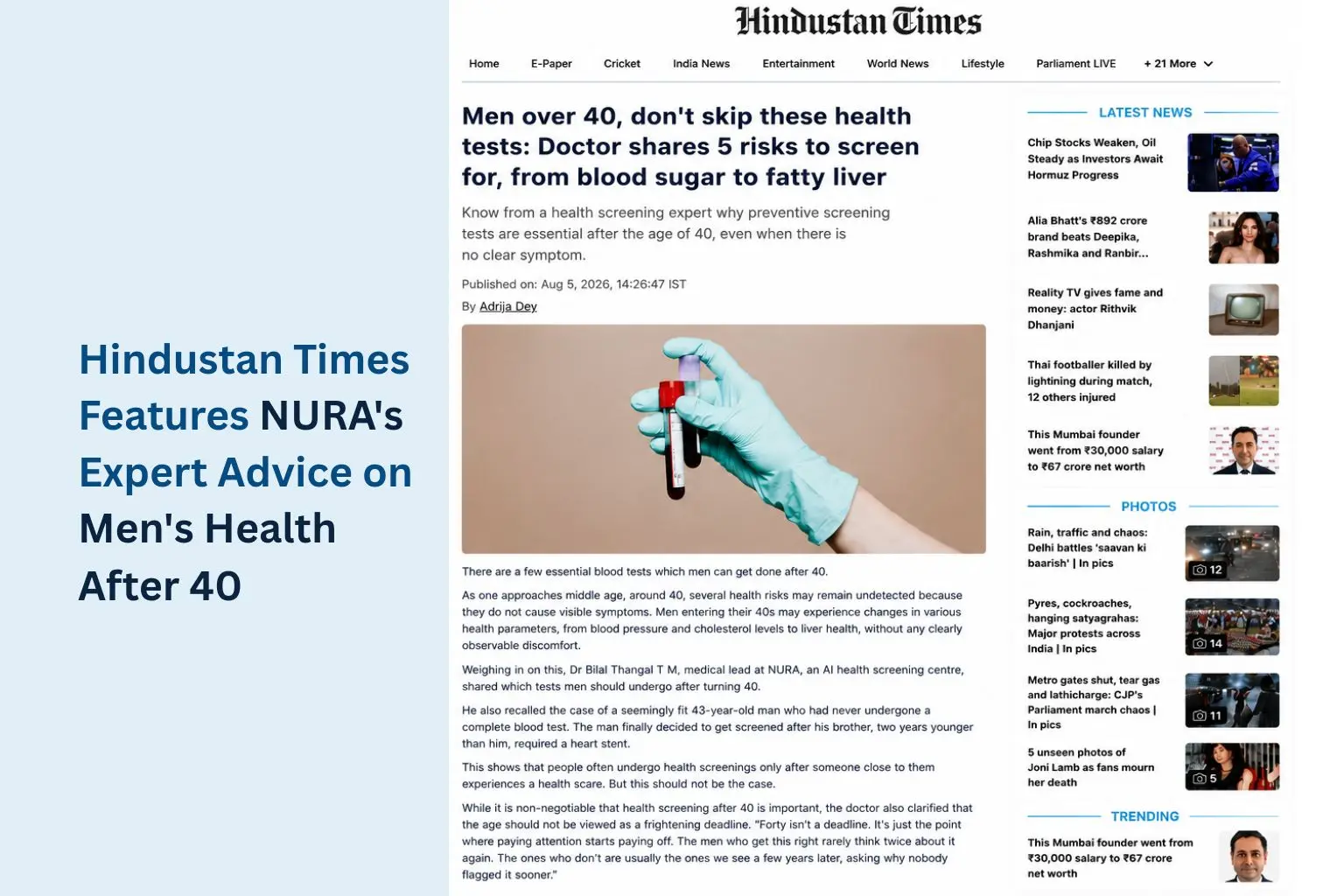 Hindustan Times Features NURA’s Expert Advice on Men’s Health After 40